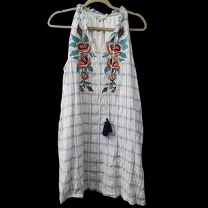THML Blue and White Mini Dress Embroidered With Flowers - Medium
